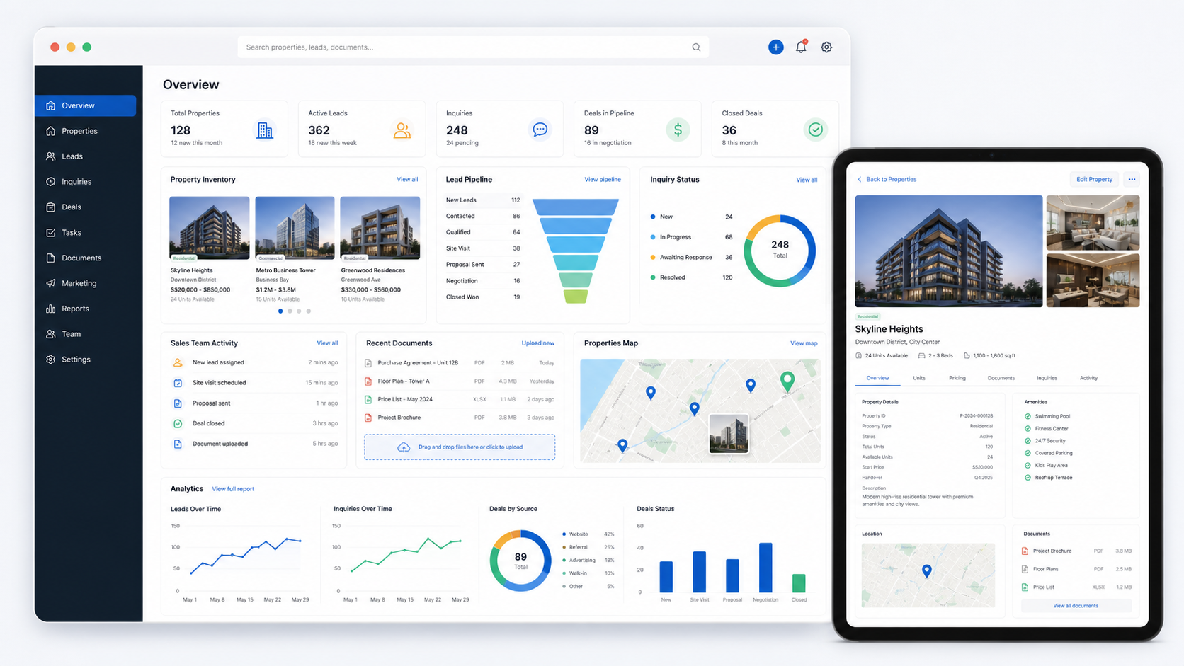 Real estate portal dashboard with property inventory, lead pipeline, inquiry status and mobile property view