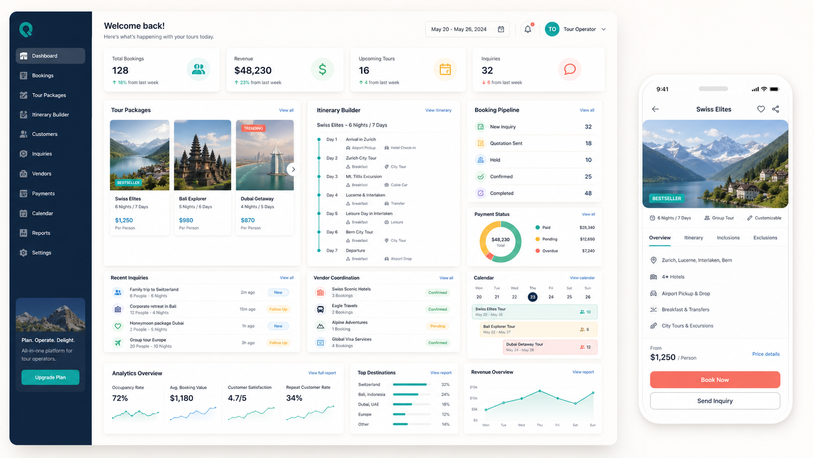 Tourism management portal dashboard with tour packages, itinerary builder, booking pipeline and mobile booking view